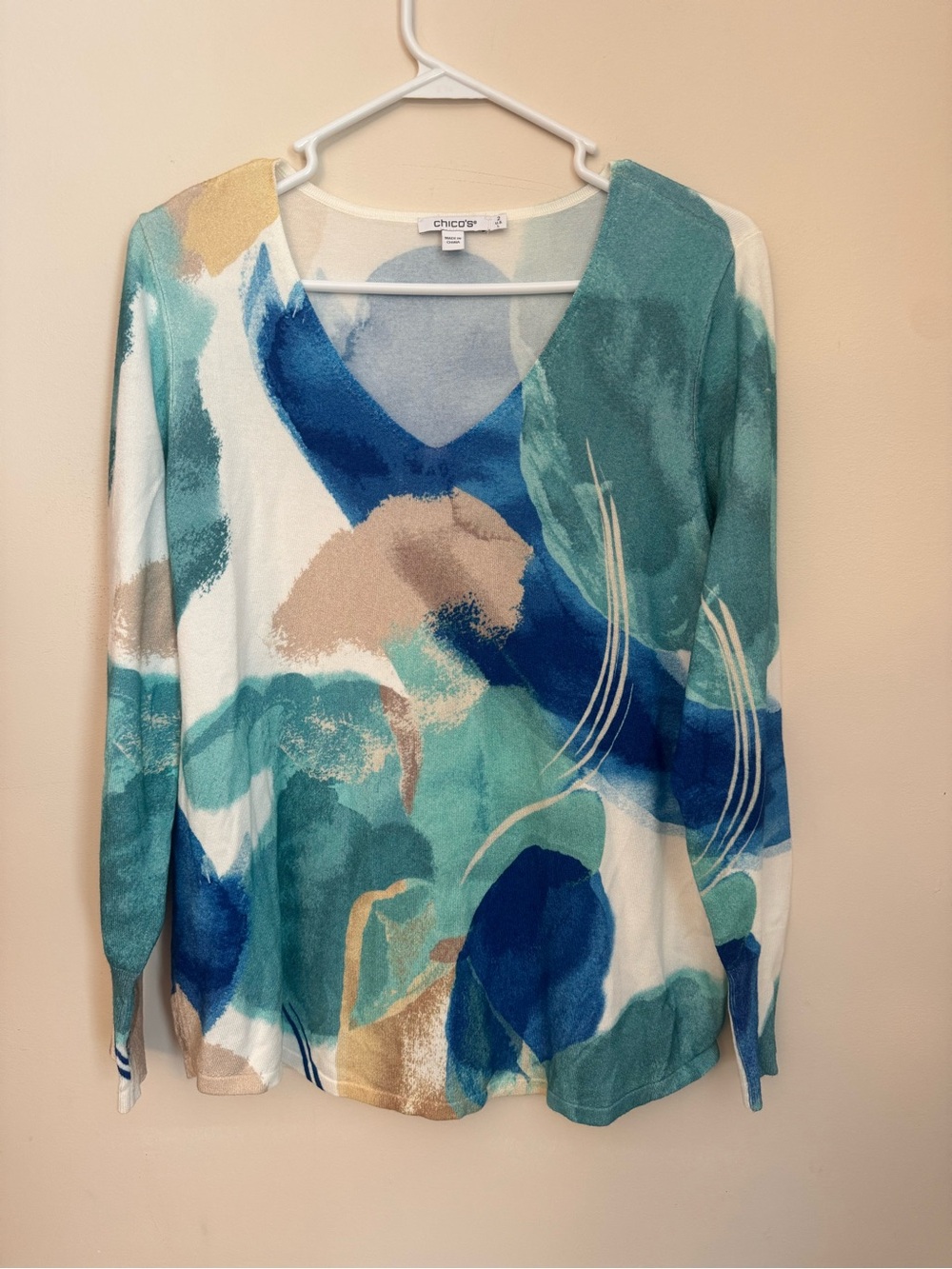 Chico’s V Neck Pullover Sweater Size 2 Large Blue Aqua Abstract Watercolor Knit - Picture 2 of 6